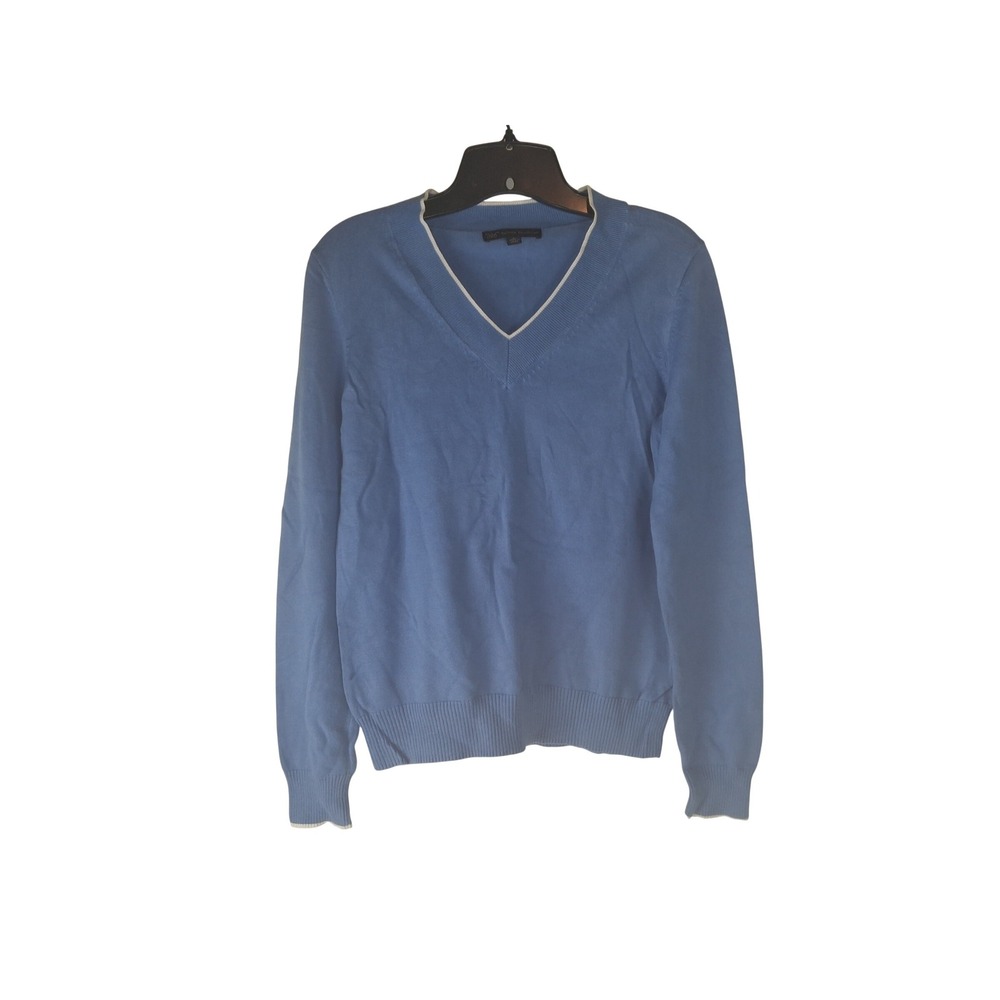 Brooks Brothers 346 Womens Light Blue V-Neck Contrast Trim Knit Sweater Large